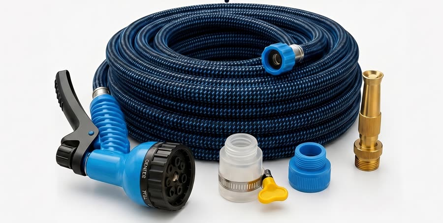 Trọn bộ vòi xịt tưới cây 2 lớp: dây, đầu phun 7 chế độ, đầu phun đồng, đầu nối